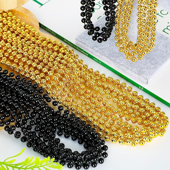 240PCS Black Gold Beads, New Years Eve Black and Gold Party Decorations, 33" Festival Black Gold Beaded Necklace Accessories Bulk, New Years Graduations Mardi Gras Parade Throw Accessories