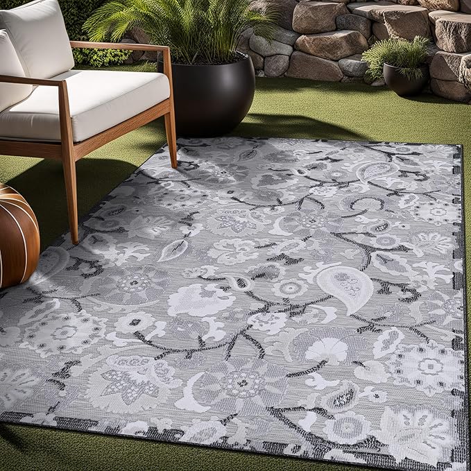 Floral Indoor Outdoor Rugs 8x10 Large Area Rug for Living Room, Patio Decor, Kitchen, and Entryway Rug, Washable Stain Resistant Outside Carpet Gray 8 x 10