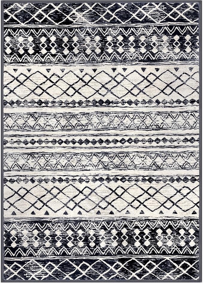 KUTA Moroccan 8x10 Area Rugs Black Navy Blue, Washable Boho Living Room Rug Non-Slip, Ultra Soft Geometric Print Tribal Traditional Farmhouse Carpet for Dining Bedroom Dorm Office Home Decor
