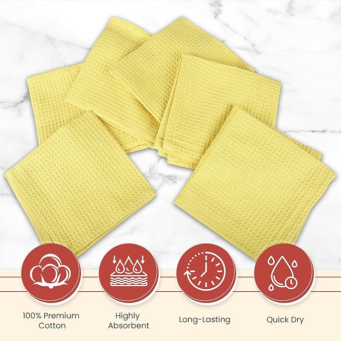 Vintage Vista 100% Cotton Waffle Dish Cloths (Pack of 6) - Dish Rags for Washing Dishes - Reusable & Highly Absorbent Kitchen Towels - Kitchen Rags for Christmas - (12" x 12" - Lemon Yellow)