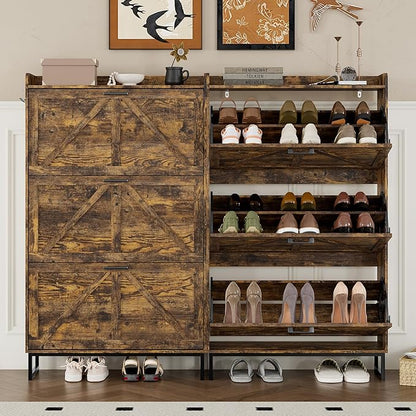 Shoe Cabinet with 3 Flip Drawers Narrow Shoe Storage Cabinet Organizer Wooden Freestanding Shoe Rack Hidden Slim Shoes Storage Cabinet for Entryway, Hallway, Living Room, Bedroom