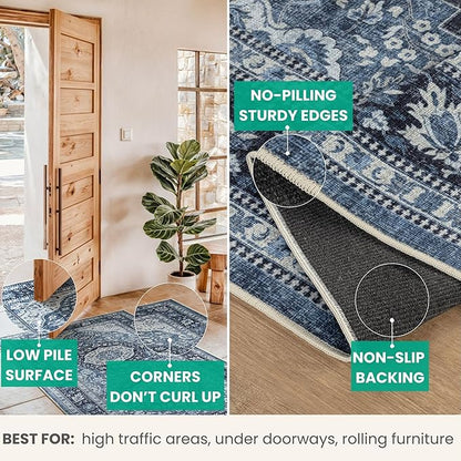 Bloom Rugs Caria Washable Non-Slip 10 ft Runner - Blue Traditional Runner for Entryway, Hallway, Bathroom, and Kitchen - Exact Size: 2'6" x 10'