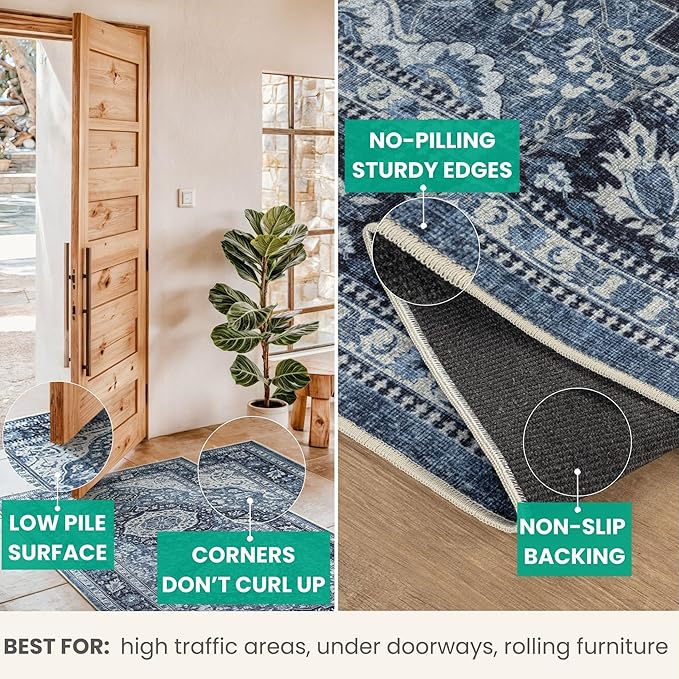 Bloom Rugs Caria Washable Non-Slip 5x7 Rug - Blue Traditional Area Rug for Living Room, Bedroom, Dining Room, and Kitchen - Exact Size: 5' x 7'