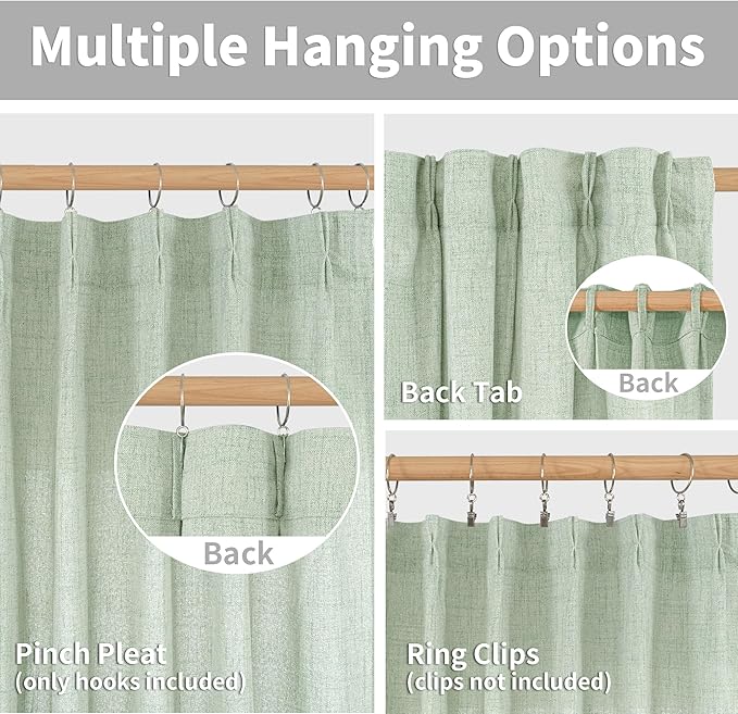YoungsTex Sage Green Linen Curtains 95 Inch Length 2 Panels, Semi Sheer Drapes Light Filtering with Pinch Pleated for Living Room Bedroom Dining Back Tab Window Treatments, 40 X 95 Inch