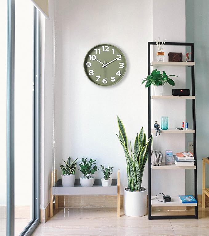 45MinST 12 Inch 3D Number Dial Face Modern Indoor Outdoor Clock, Silent Non-Ticking Round Home Decor Wall Clock with Arabic Numerals, Colorful Dial Face (Olive Green)