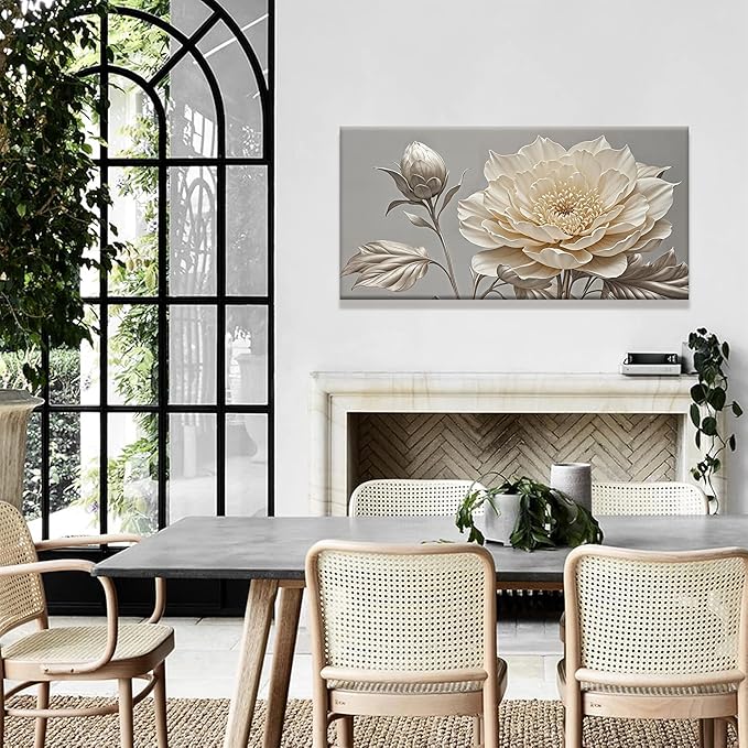 QSQ Canvas Art Wall Decor Print Paintings Silver White Flower Wall Art Prints Painting Pictures Ready To Hang Pictures For Bedroom Bathroom Office Kitchen Home Wall Decor Artwork 20" × 40"