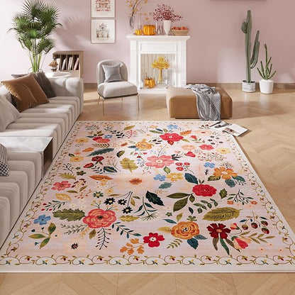 Rugcomf Area Rugs 8x10 Rug for Living Room Clearance Washable Boho Area Rug Non Slip Floral Vintage Low Pile Large Rug for Living Room, Bedroom, Farmhouse, Dining Room, Kids Playroom(Beige)