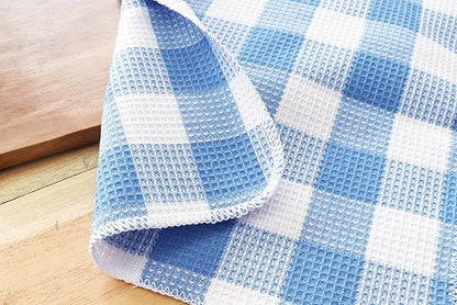 Waffle Weave Plaid Dish Cloths, 100% Cotton - 12 x 12 Inches, Ultra Soft Absorbent Quick Drying Dish Towels Buffalo Check Dish Rags for Kitchen, 8 Pack - Fall Thanksgiving - Light Blue & White