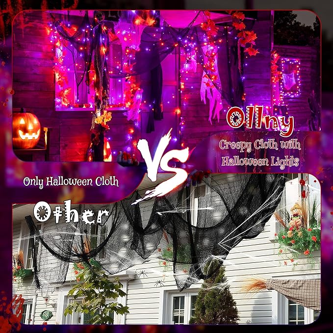 Ollny Halloween Lights with Creepy Cloth, 50LED 16FT Waterproof Orange and Purple String Lights with 8 Lighting Modes Timer, Battery Operated Fairy Lights for Indoor Party Yard Decor