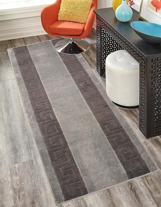 Washable Custom Size Runner Rug Meander Design Grey and Black, (3 Feet Length x 26 Inch Width) Custom Cut Slip Resistant Rubber Backing Runner Rugs, Extra Long Runner Rugs for Hallways