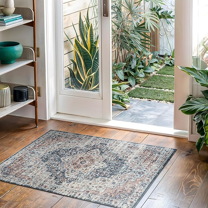 Bloom Rugs Washable Non-Slip 2x3 Rug - Terracotta/Teal Traditional Oriental Area Rug for Living Room, Bedroom, Dining Room, and Kitchen - Exact Size: 2' x 3'