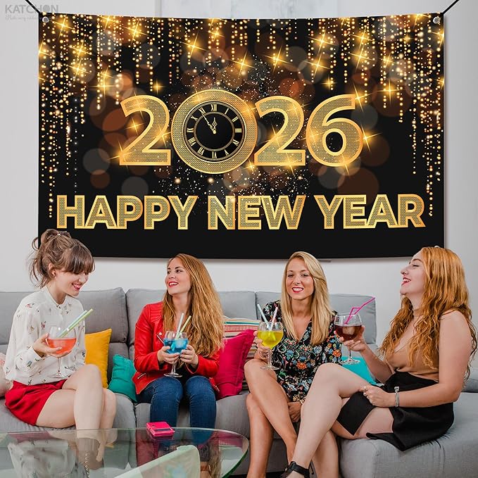 Katchon, Xtralarge Happy New Year Banner - 72x44 Inch | Happy New Year 2026 Banner for New Years Decorations 2026 | NYE Backdrop for New Years Eve Party Supplies 2026 | NYE Decorations 2026