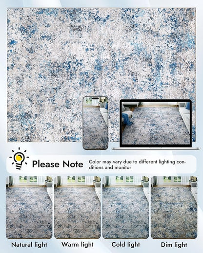 AUKOW Modern Abstract Washable Area Rugs - 3x5 Contemporary Soft Mat Stain Resistant Non Slip Low Pile Indoor Throw Rug for Bedroom Kitchen Office Chair Desk - Grey/Blue