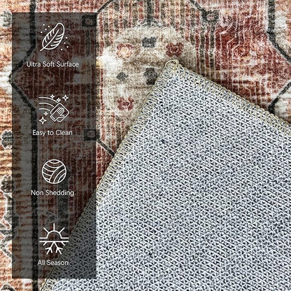 Vintage 9' x 12' Washable Area Rug - Stylish Indoor Rug for Living, Dining or Bedroom - Lightweight Carpet with Non-Slip Backing - Foldable for Easy Placement and Maintenance - Ivory