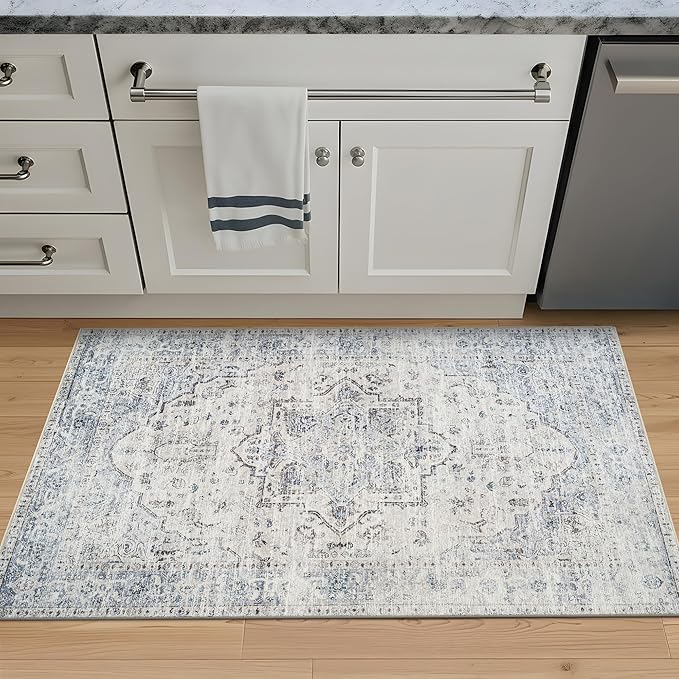 Bloom Rugs Caria Washable Non-Slip 3x5 Rug - Ivory/Blue/Gray Traditional Area Rug for Living Room, Bedroom, Dining Room, and Kitchen - Exact Size: 3' x 5'