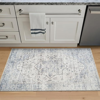 Bloom Rugs Caria Washable Non-Slip 3x5 Rug - Ivory/Blue/Gray Traditional Area Rug for Living Room, Bedroom, Dining Room, and Kitchen - Exact Size: 3' x 5'
