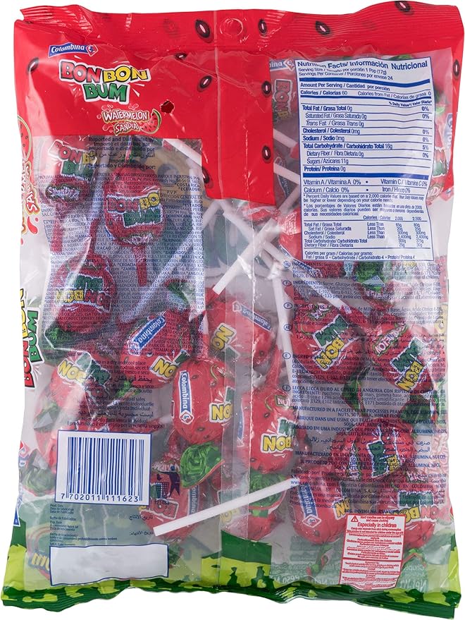 Colombina Bon Bon Bum Lollipops w/Bubble Gum Center, Watermelon Flavor, Individually Wrapped, Ideal for Party Favors and Gifts, 2 Pack (24 Count)