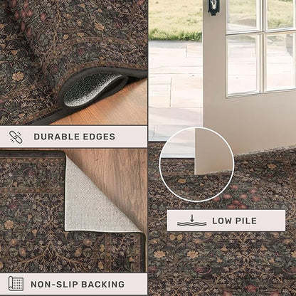 Brown Boho Washable 2x6 Runner Rugs for Hallway, Kitchen, Bedroom Bedside, Laundry Room, Bathroom Rug, Pet & Kids Friendly, Non Slip Low Pile Stain Resistant Soft Long Floral 24 x 72 Floor Carpet