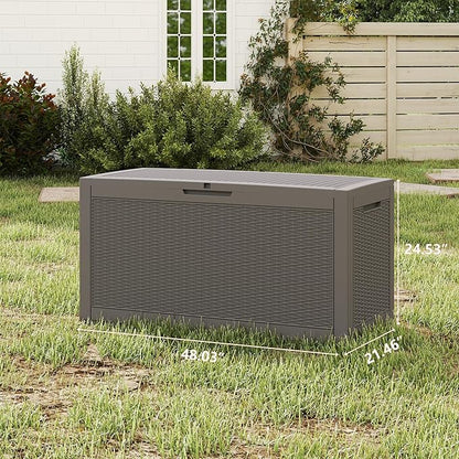 100 Gallon Outdoor Storage Box Waterproof, Resin Deck Boxes with Lockable Lid & UV-Resistant for Patio, Pool, Garden Furniture Cushions & Accessories, Coffee