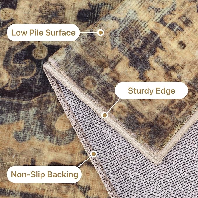 GENIMO Machine Washable 8x10 Area Rugs for Living Room, Non Slip Vintage Rugs, Low Pile Lightweight Chenille Print Rug for Bedroom, Dining Room, Home Office, Tawny Sage