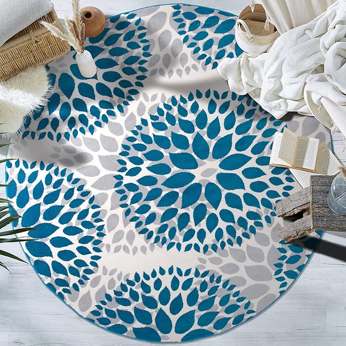 Rugshop Modern Blue Floral Circles Design Area Rug – Elegant Non-Shedding, 6'6" Round for Living Room, Bedroom, Dining Room, Kitchen