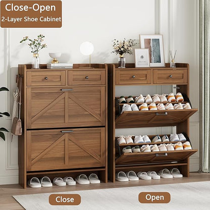 Shoe Cabinet with 2 Flip Drawers & 2 Top Drawers, 43" Tall Freestanding Narrow Wooden Shoe Storage Organizer for Entryway, Hidden Slim Shoe Rack for Front Door Entrance, Hallway, Living Room, Walnut