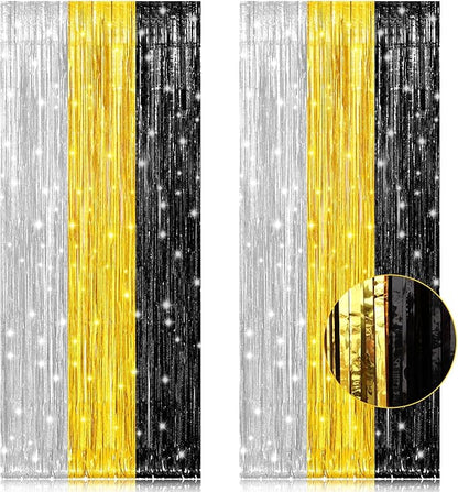 2 Pack 3.2x8.2 Feet Silver Black and Gold Tinsel Foil Fringe Curtains Streamers Backdrop for Bridal Baby Shower Wedding Engagement Birthday Graduation Bachelorette Holiday Party Decorations