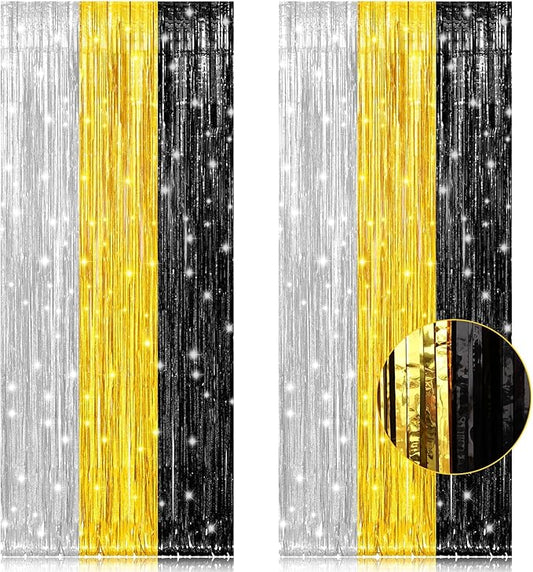2 Pack 3.2x8.2 Feet Silver Black and Gold Tinsel Foil Fringe Curtains Streamers Backdrop for Bridal Baby Shower Wedding Engagement Birthday Graduation Bachelorette Holiday Party Decorations