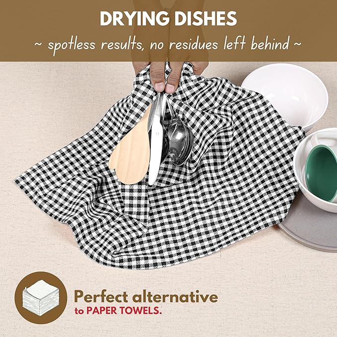 Native Fab 6 Pack Gingham Mini Check Kitchen Hand Towels Set - 100% Cotton Absorbent Reusable Dishcloths 16"x26" - Quick Drying Dish Towels with Hanging Loops for Kitchen, Black White