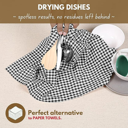 Native Fab 6 Pack Gingham Mini Check Kitchen Hand Towels Set - 100% Cotton Absorbent Reusable Dishcloths 16"x26" - Quick Drying Dish Towels with Hanging Loops for Kitchen, Black White