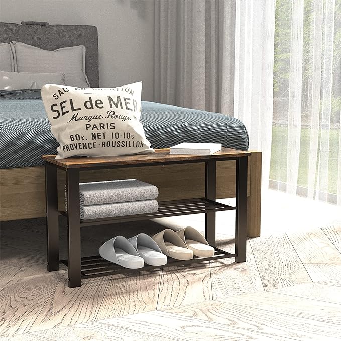 Simple Houseware Wood Top Shoe Storage Bench for Entryway, Rustic Brown