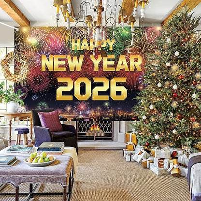 YQUQWN Happy New Year 2026 Banner New Years Eve Party Supplies Decorations 72 x 44 Inches with Pattern Firework for New Year Party Decoration Photo Props Background Supplies