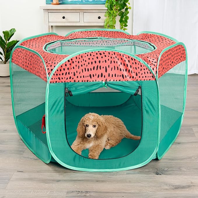 Furhaven Portable Dog Playpen Cat Tent, Pet Playground,Kennel Foldable Indoor Outdoor Zippered Puppy Crate - Green & Pink, Extra Large