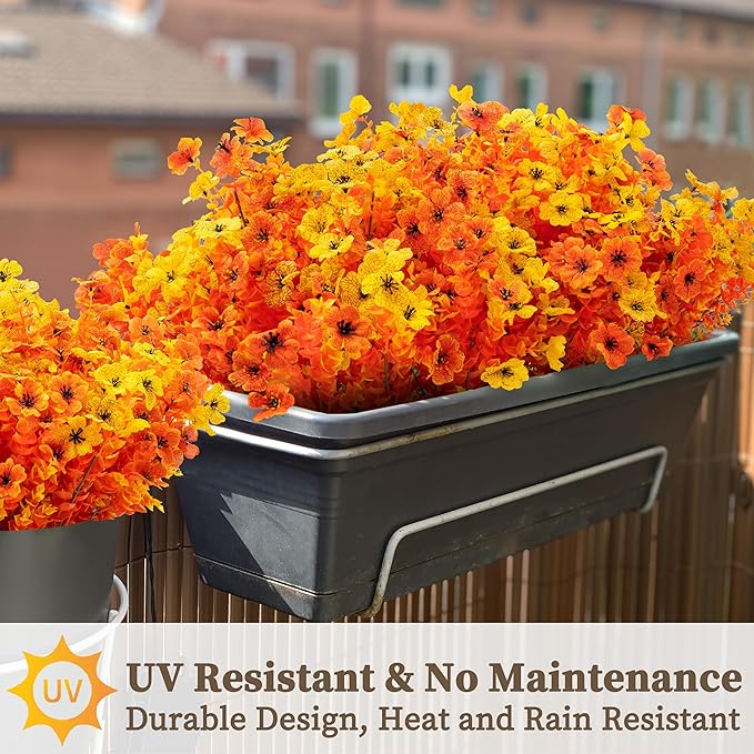16 Bundles Artificial Mums for Outdoors/Indoors Faux Mums for Outdoor Planters, Eucalyptus Leaves Fall Flowers Artificial for Decoration Boxwood Garden Porch Window Home Wedding (Yellow&Red Orange)