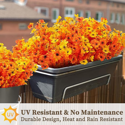 16 Bundles Artificial Mums for Outdoors/Indoors Faux Mums for Outdoor Planters, Eucalyptus Leaves Fall Flowers Artificial for Decoration Boxwood Garden Porch Window Home Wedding (Yellow&Red Orange)