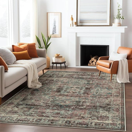 GENIMO Machine Washable 9x12 Area Rugs for Living Room, Non Slip Vintage Rugs, Low Pile Lightweight Chenille Print Rug for Bedroom, Dining Room, Home Office, Dark Scarlet