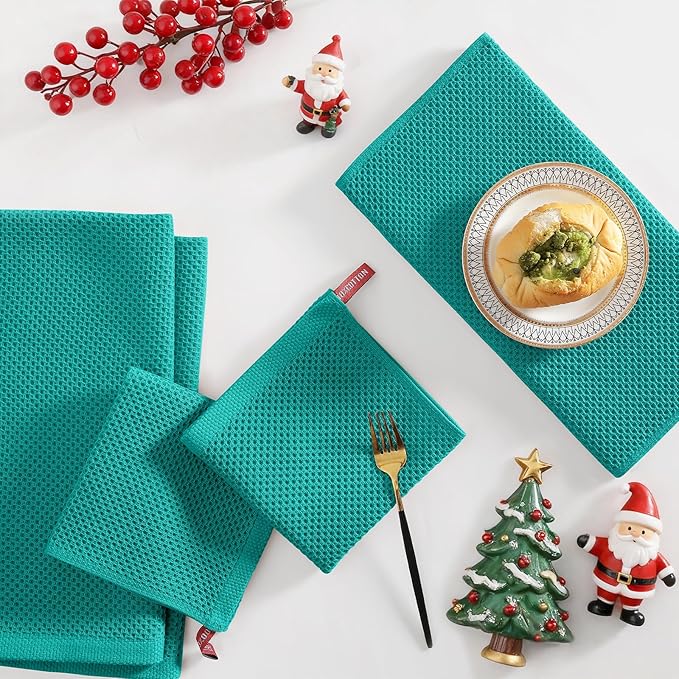 Homaxy 100% Cotton Kitchen Towels and Dishcloths Set, 12 x 12 Inches and 13 x 28 Inches, Set of 16 Bulk Kitchen Towels Set, Ultra Soft Absorbent Dish Cloths for Washing Dishes, Teal