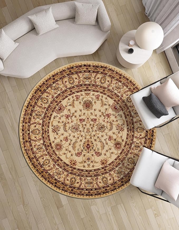 Rugs.com Aditi Collection Rug – 7 Ft Round Cream Medium-Pile Rug Perfect for Kitchens, Dining Rooms