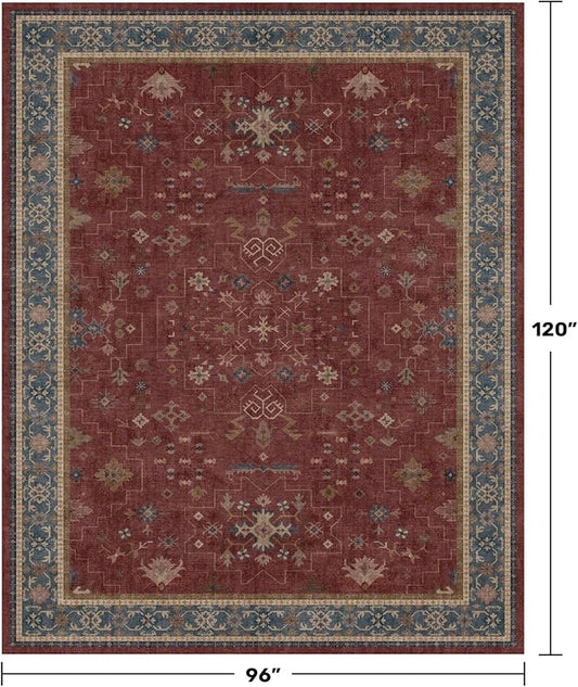 Oriental 8x10 Large Area Rugs for Living Room - Burgundy Rug for Bedroom Under Bed, Dining Room Under Kitchen Table, Washable Soft Non Slip Unique Indoor Décor