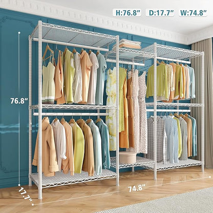 Raybee Clothing Rack for Hanging Clothes,Heavy Duty Clothes Rack with Shelves,Portable Closet,Adjustable,Metal,Max Load 900lbs,White