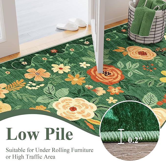 DUKINO Runner Rug, 2.6x8 Kitchen Rug for Hallway with Non Slip Backing, Washable Low Pile Soft Boho Floral Runner Carpet for Hallway, Kitchen, Entryway, Laundry, Bedroom, Dark Green