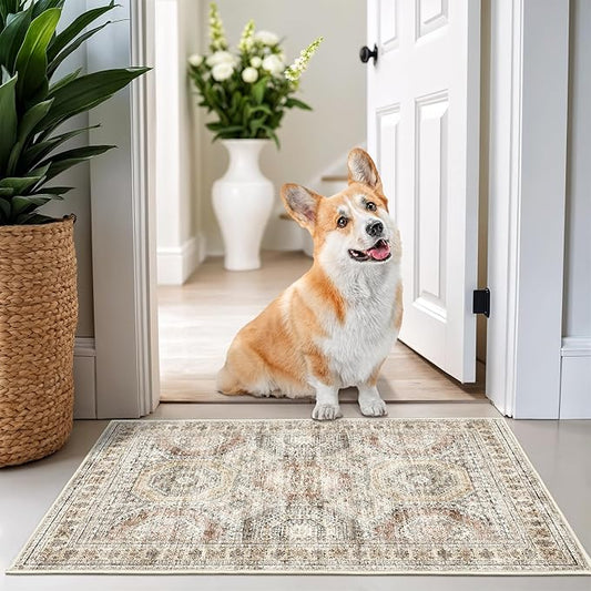 2x3 Washable Rug Runner for Bathroom, Soft Entryway Rug for Laundry Room, Kitchen, Vintage Abstract Hallway Runner for Bedroom, Anti-Slip Door Mat Indoor Entrance(2'x3', Brown/Pink)