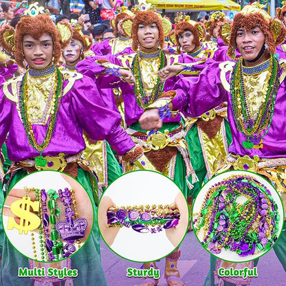 2000PCS Mardi Gras Beads Bulk, 9 Styles Purple Gold Green Mardi Gras Beads Necklaces Assortment, Coin Crown Mask Dollar Metallic Beaded Accessories for Mardi Gras Decorations Throws Party Favors
