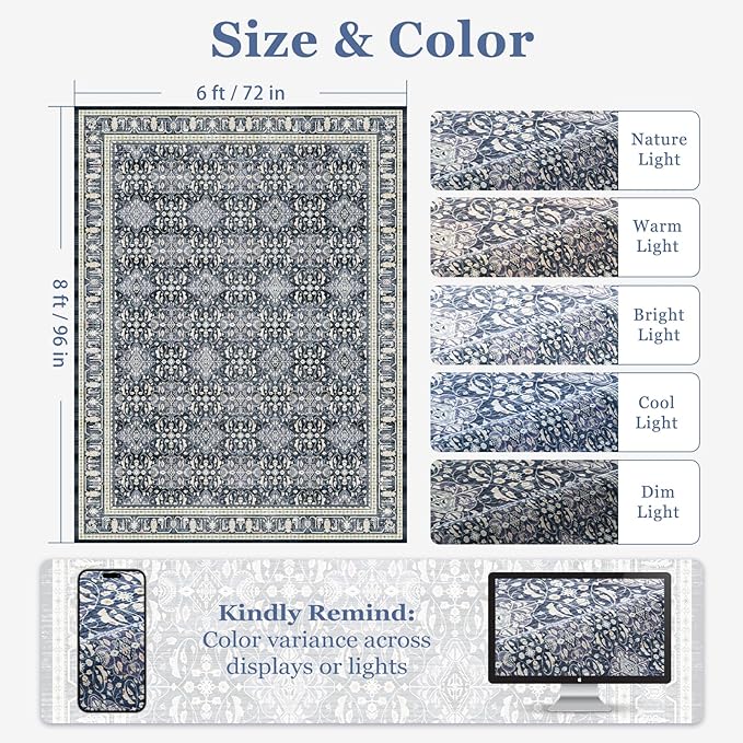 Living Room Rugs 6x8, Transitional Moroccan Floral Trellis Area Rugs for Bedroom Dining Room, Washable Non Slip Low Pile Thin Carpet Rug for Playroom Guest Room Home Office, Dark Blue