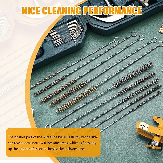 Wire Tube Brushes for Cleaning Pipe Tube Brass Stainless Steel Round Wire Brush for Auto Parts, Bottles, Tubes, 5 Sizes(10 Pieces)