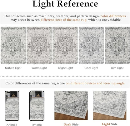 Gray 8x10 Area Rug Washable Vintage Living Room Carpet Non Slip Retro Distressed Low Pile Soft Oriental Medallion Thin Large Grey Throw Rug for Office Bedroom Dining Room Playroom