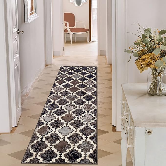 Superior Indoor Area Runner, Jute Backed, Perfect for Hallway, Living/Dining Room, Bedroom, Office, Kitchen, Entryway, Modern Geometric Trellis Floor Decor, Viking Collection, 2' 7" x 12', Chocolate