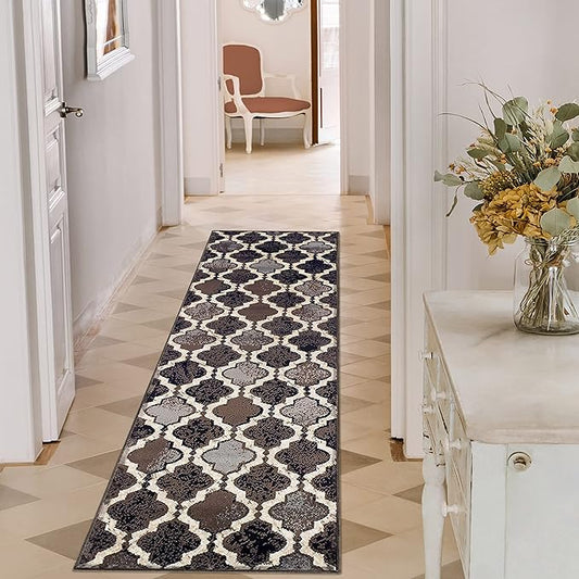 Superior Indoor Area Runner, Jute Backed, Perfect for Hallway, Living/Dining Room, Bedroom, Office, Kitchen, Entryway, Modern Geometric Trellis Floor Decor, Viking Collection, 2' 7" x 12', Chocolate