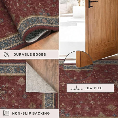 Moroccan Big Rugs for Living Room - Dark Red 10x12 Area Rug for Large Bedroom, Dining Room, Washable Lightweight Foldable Oriental Burgendy Home Décor