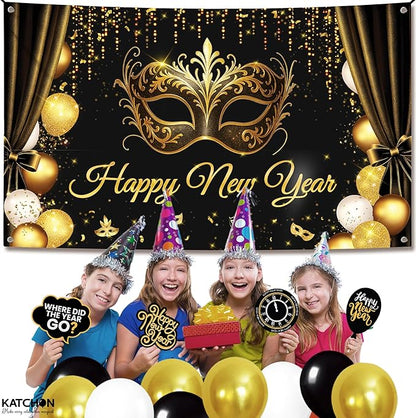 KatchOn, Happy New Year Banner 2026 - XtraLarge, 72x44 Inch | Happy New Year Backdrop with Mask for Happy New Years Decorations 2026 | NYE Backdrop for NYE Decorations 2026 | New Years Eve Party Supplies 2026